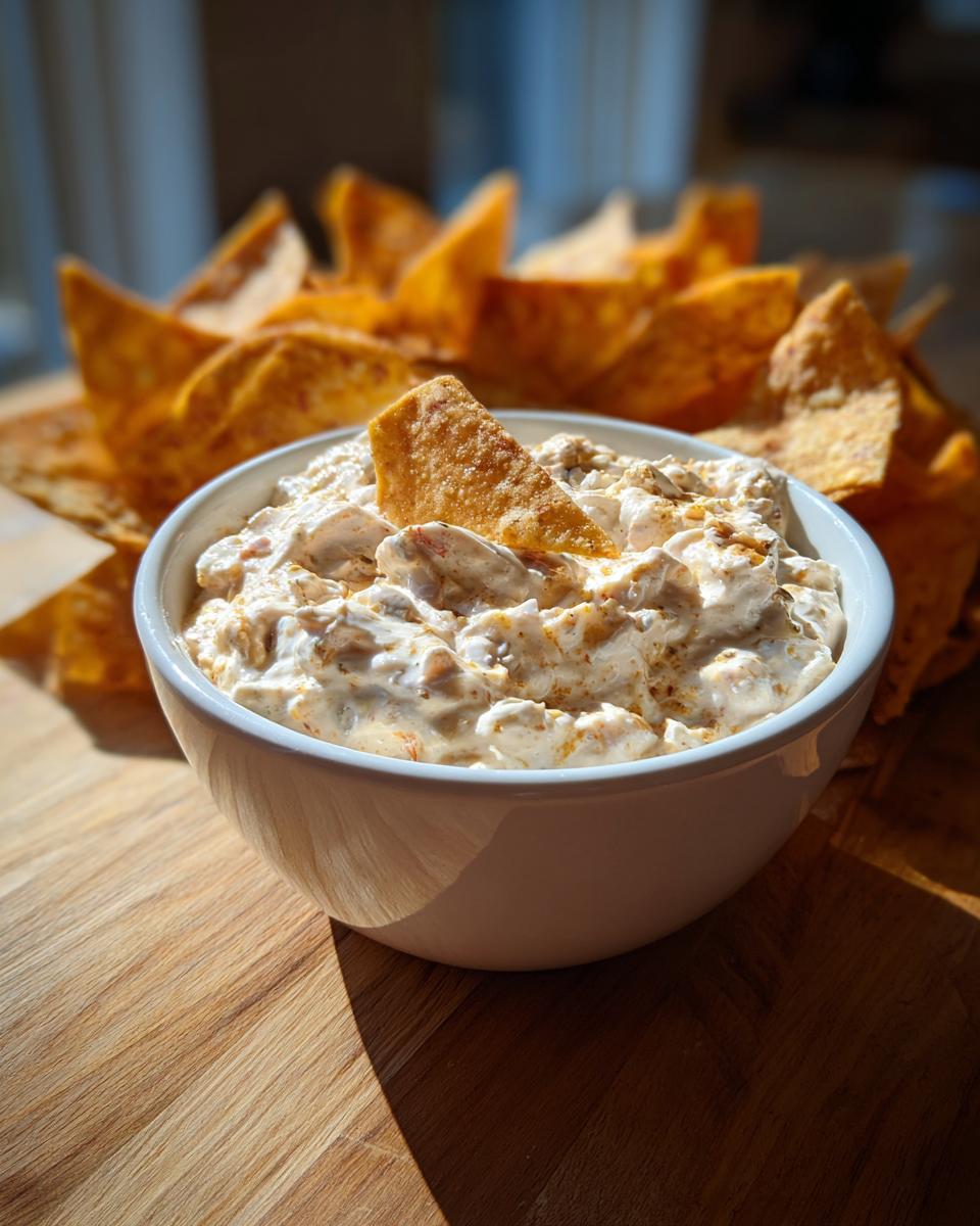 White bowl filled with creamy dip and a tortilla chip dipped in it, surrounded by more chips.