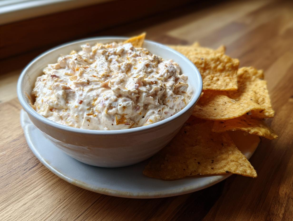 White bowl filled with creamy dip served with tortilla chips on a plate, perfect super bowl snacks
