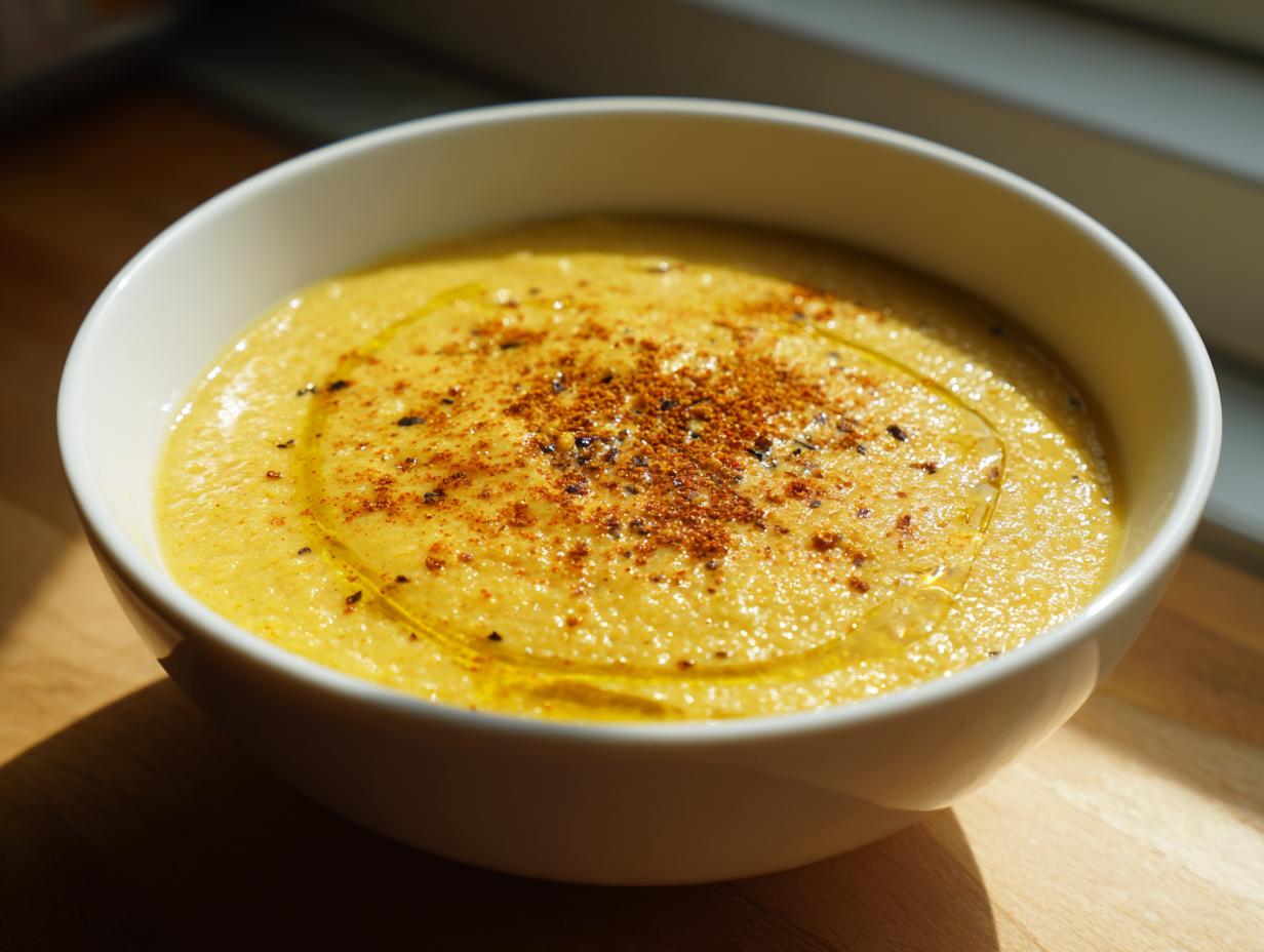 A bowl of creamy lentil soup for iftar garnished with spices and olive oil on wooden surface.