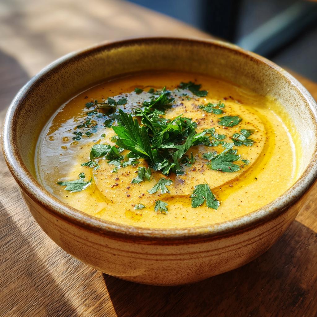 Bowl of creamy lentil soup without cream garnished with fresh parsley and black pepper