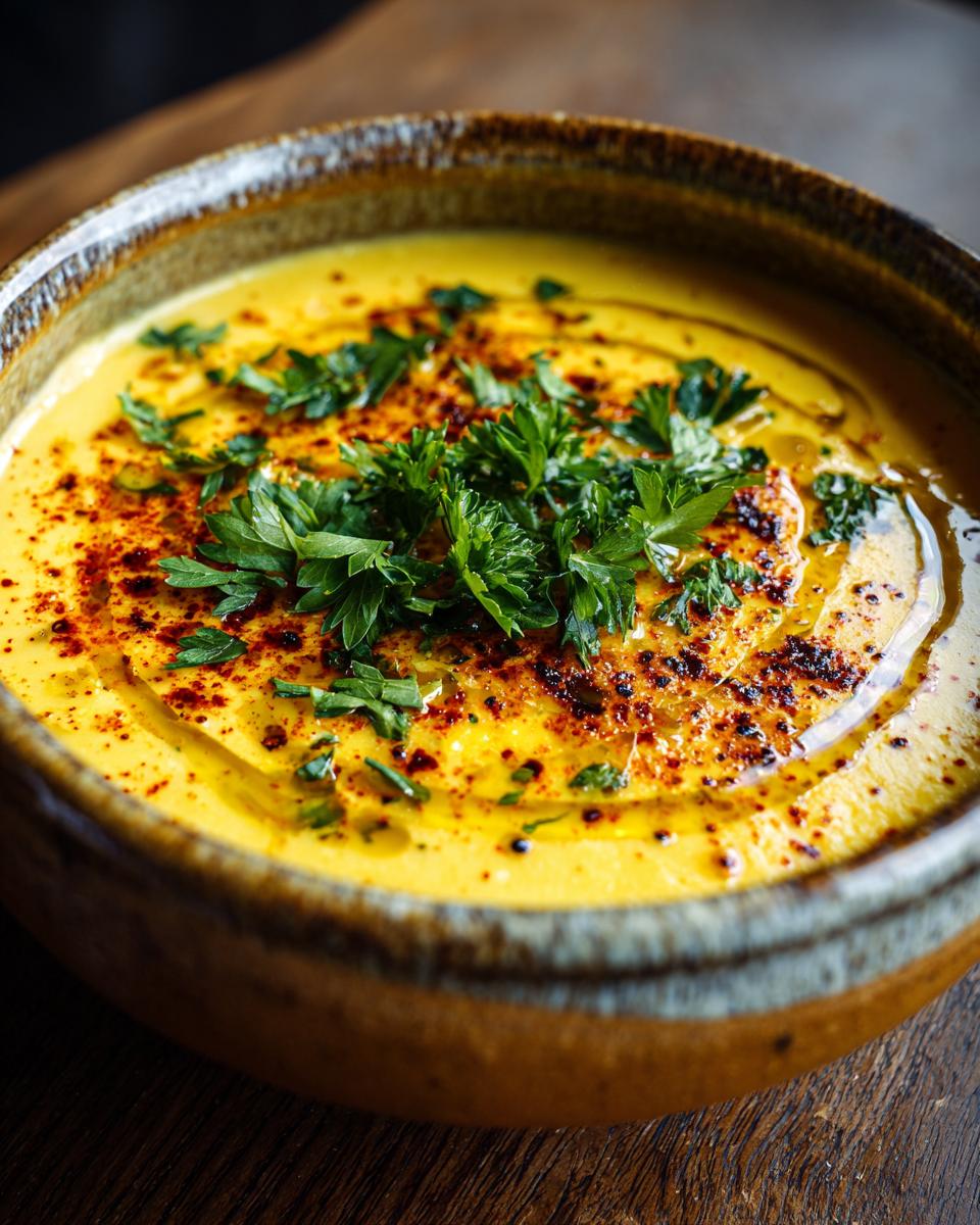 Close-up of creamy lentil soup without cream garnished with fresh parsley and spices