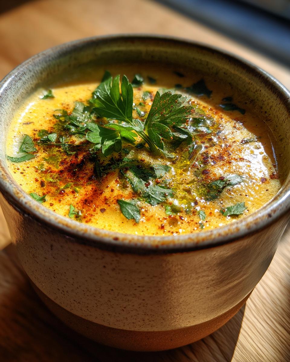 Close-up of creamy lentil soup without cream garnished with fresh parsley and spices in a rustic bowl.