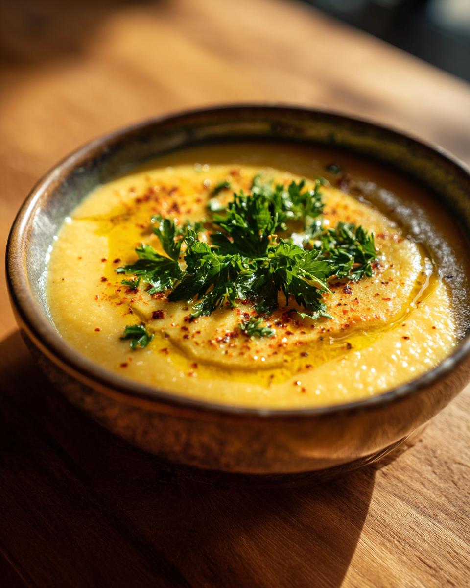Bowl of creamy lentil soup without cream garnished with fresh parsley and chili flakes