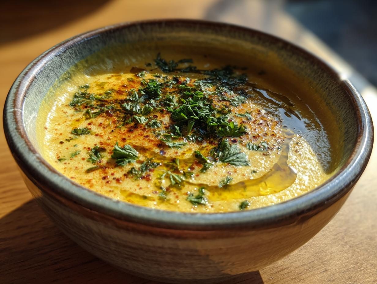 Bowl of creamy lentil soup without cream garnished with herbs and spices on wooden surface