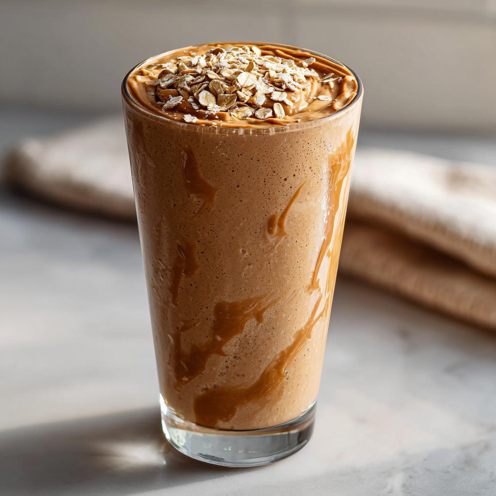 Glass filled with oat and peanut butter smoothie suhoor topped with oats on a marble surface.