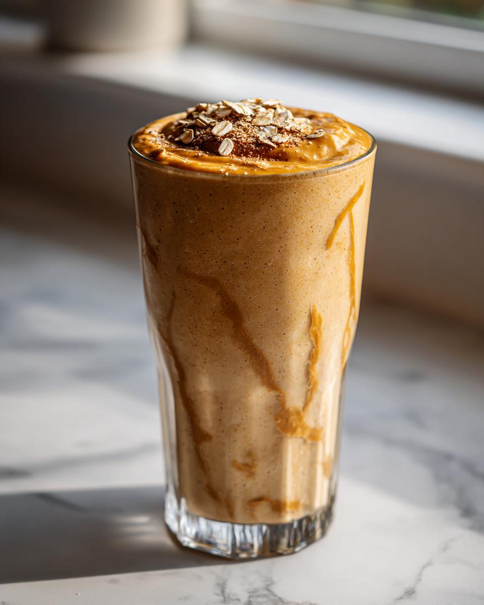 Tall glass filled with creamy oat and peanut butter smoothie suhoor topped with oats and peanut butter drizzle.
