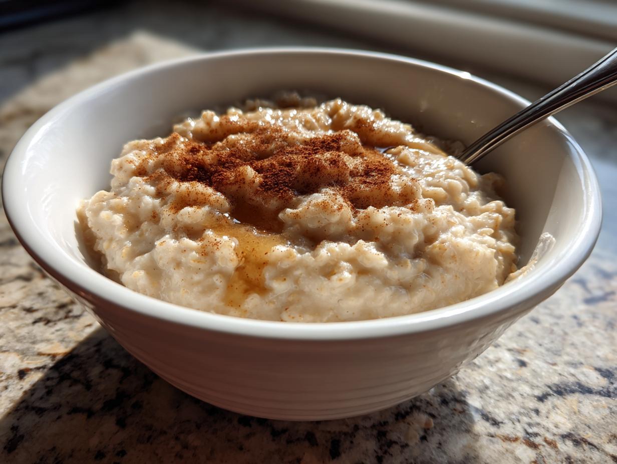 Bowl of creamy oatmeal topped with cinnamon and honey on a granite countertop.