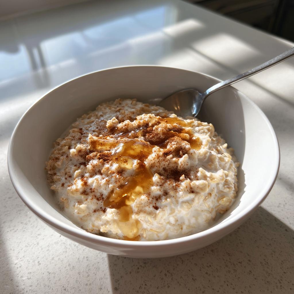Bowl of creamy oatmeal topped with honey drizzle and cinnamon powder with a spoon.