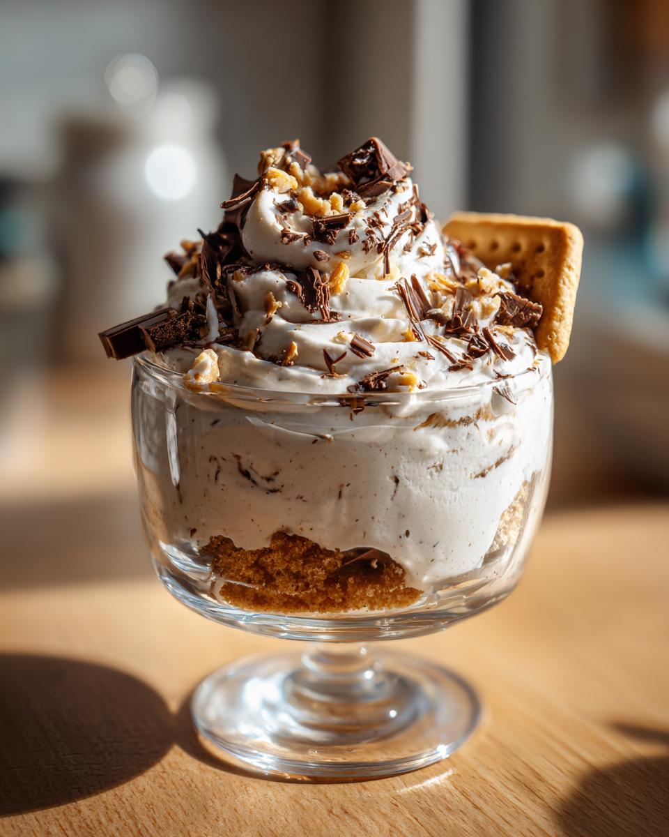 Glass cup filled with creamy dessert topped with chocolate shavings and a biscuit, ramadan dessert cups ideas