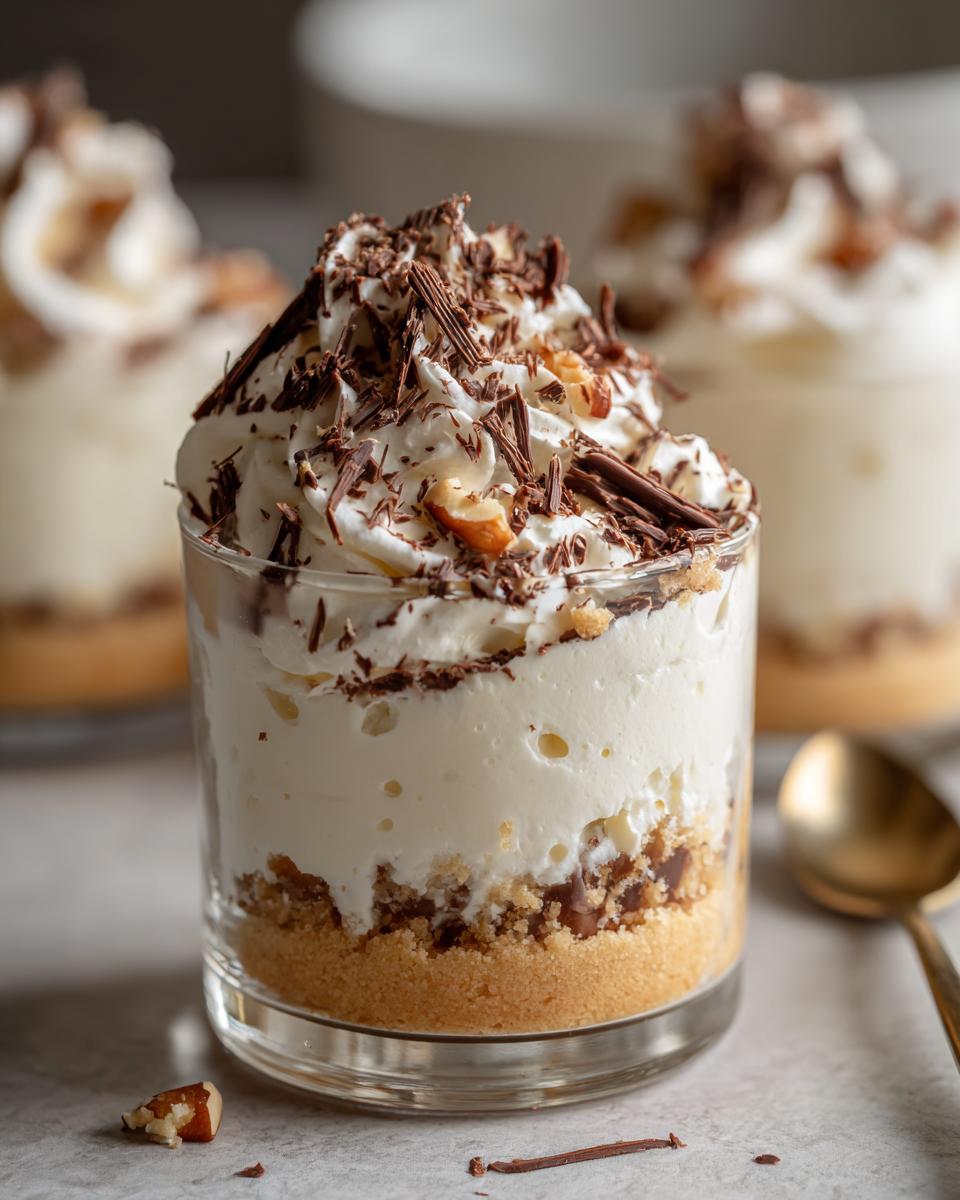 Close-up of a ramadan dessert cups ideas featuring creamy layers, whipped topping, nuts, and chocolate shavings.