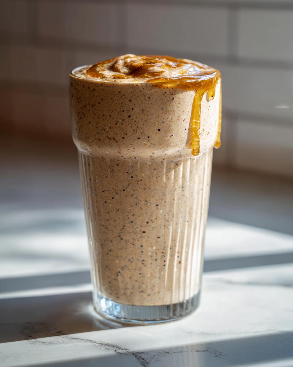 Tall glass of creamy smoothie with specks and honey dripping down the side.