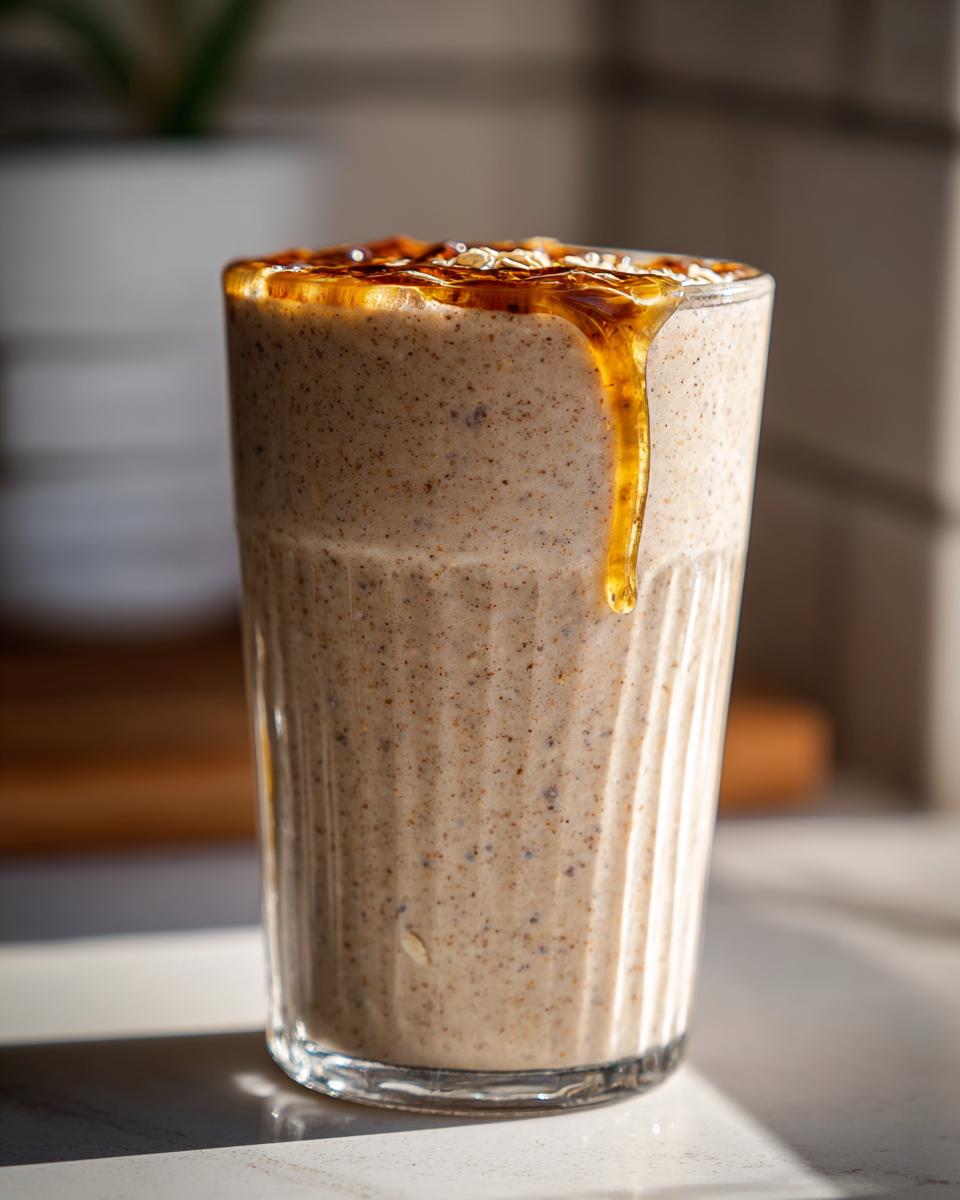 Close-up of a creamy smoothie suhoor recipe in a glass with honey dripping down the side.