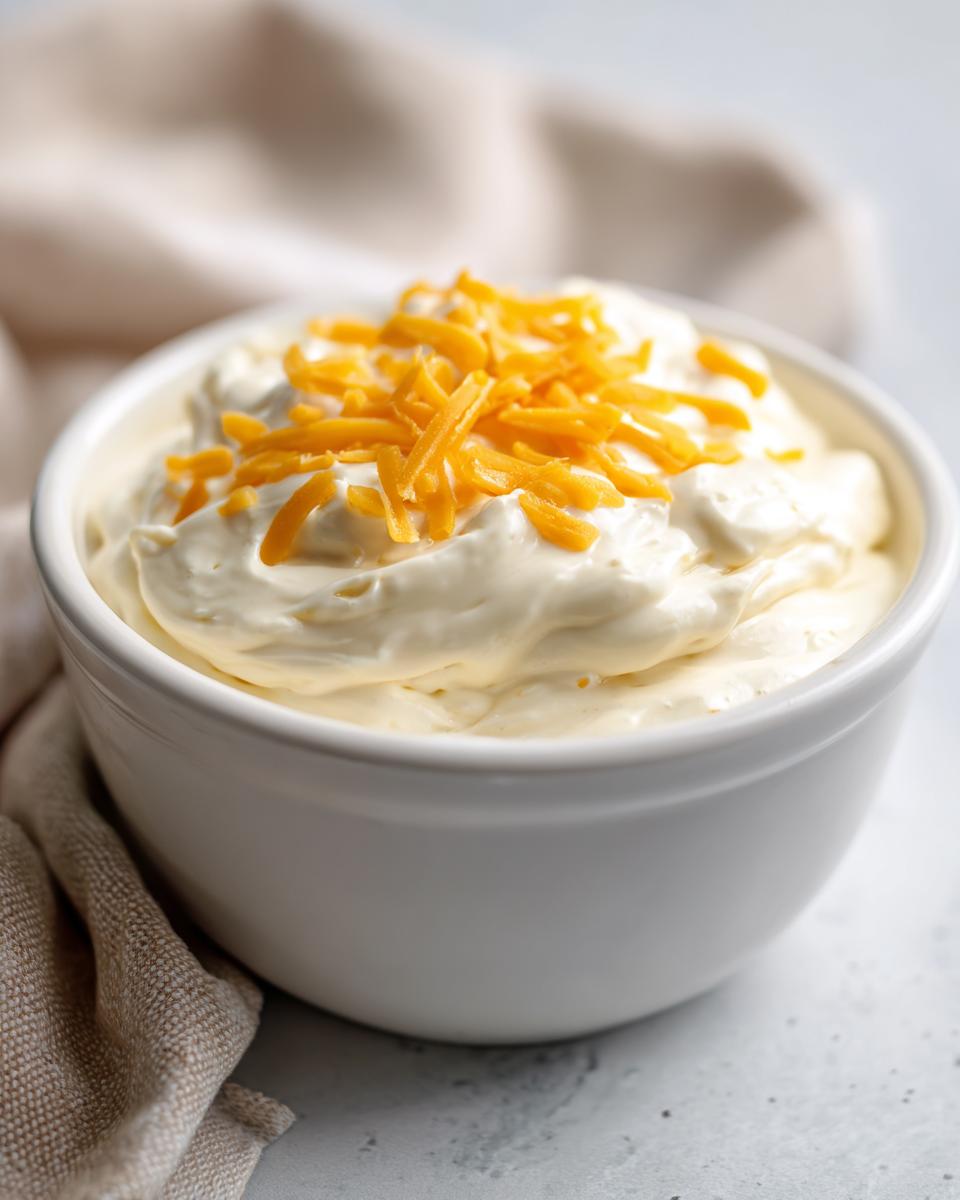 White bowl filled with creamy super bowl dips topped with shredded cheddar cheese.