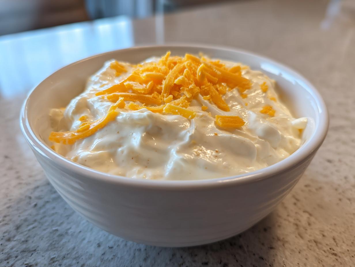 White bowl filled with creamy super bowl dips topped with shredded cheddar cheese.