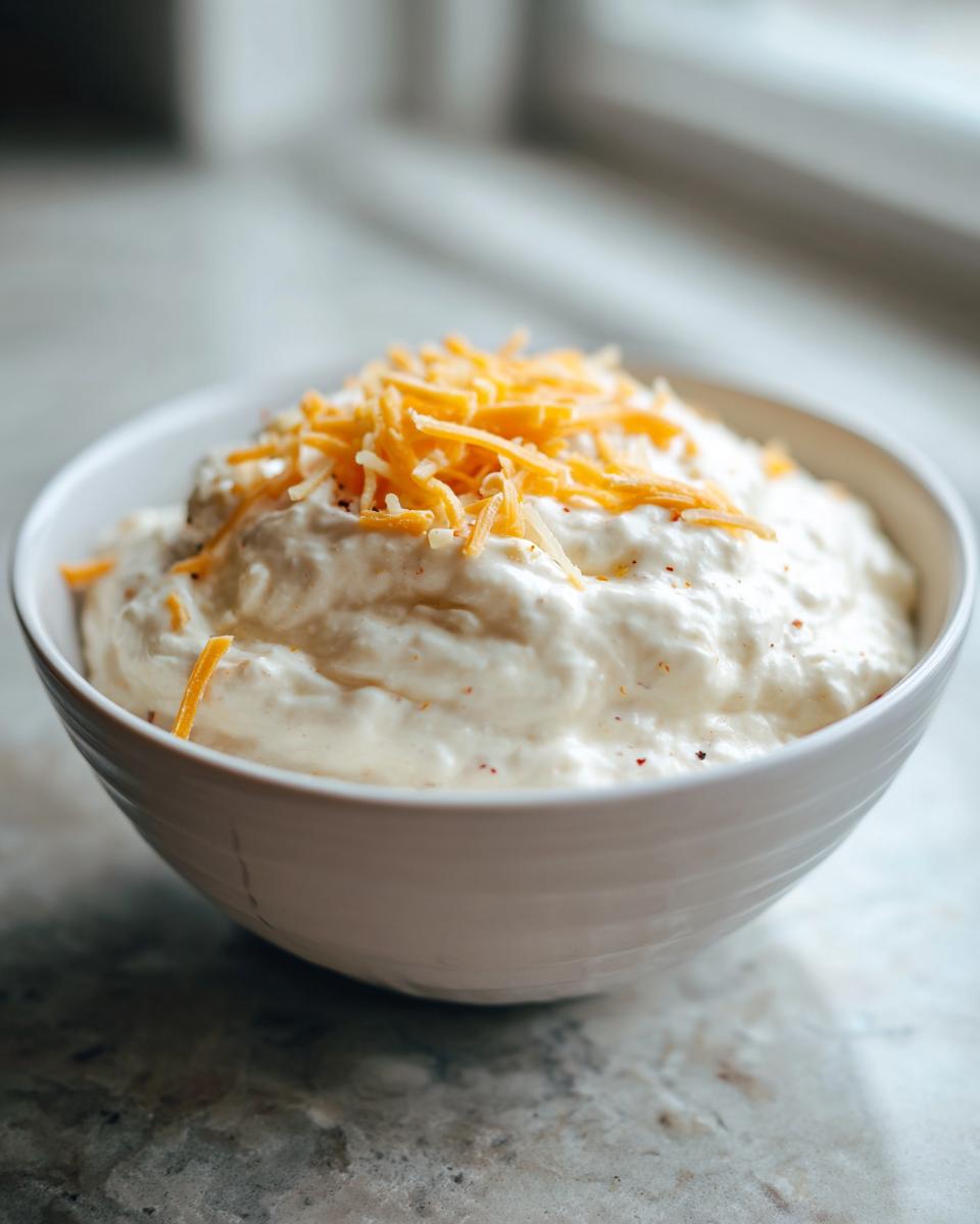 White bowl filled with creamy super bowl dips topped with shredded cheddar cheese.