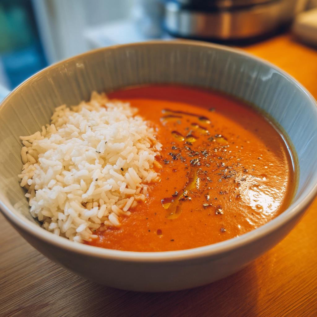 Bowl of creamy tomato soup with white rice and black pepper drizzle