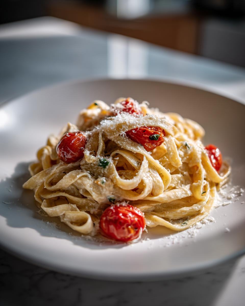 Plate of creamy valentines pasta topped with roasted cherry tomatoes and grated cheese.