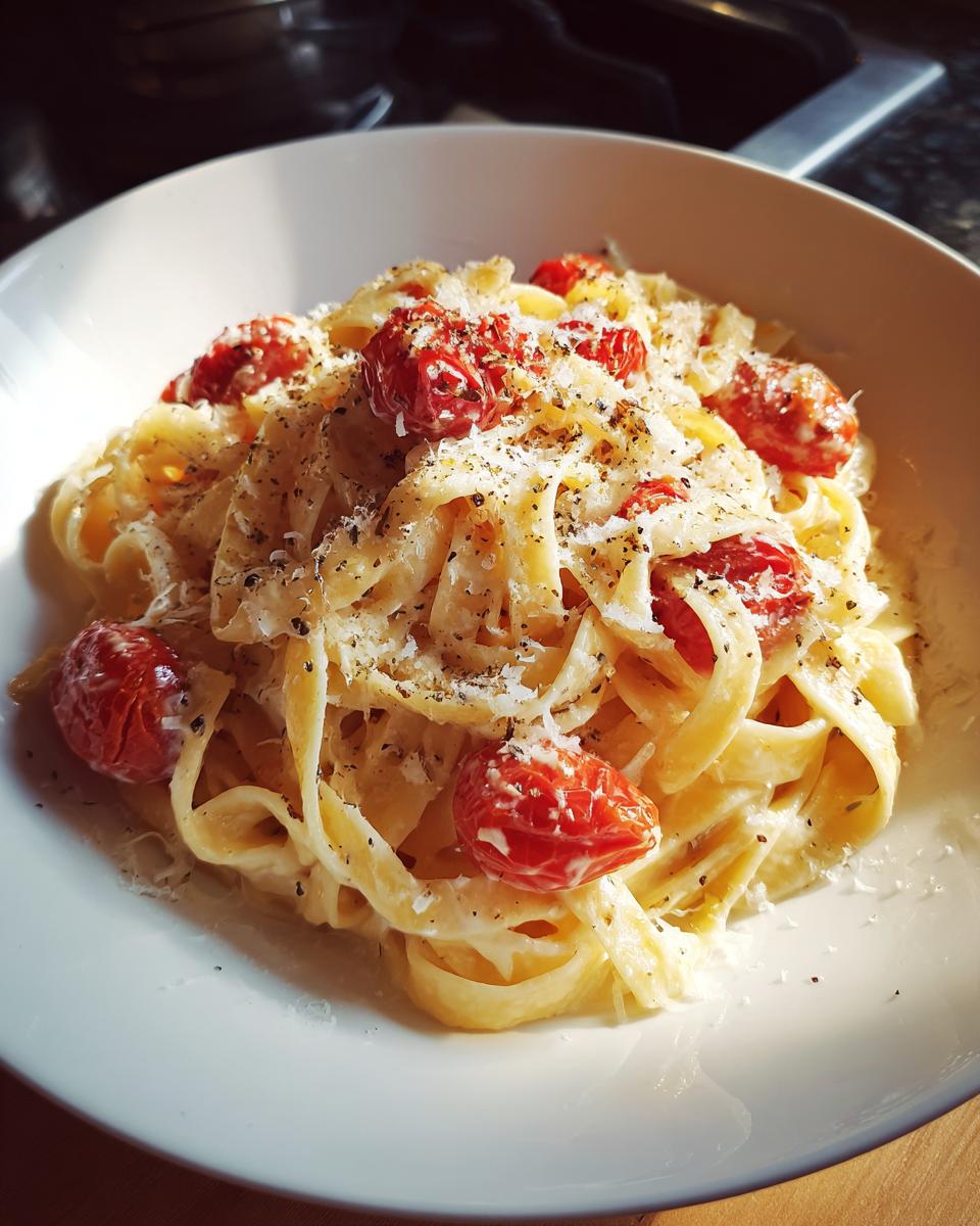 Plate of creamy valentines pasta topped with roasted cherry tomatoes and grated cheese.