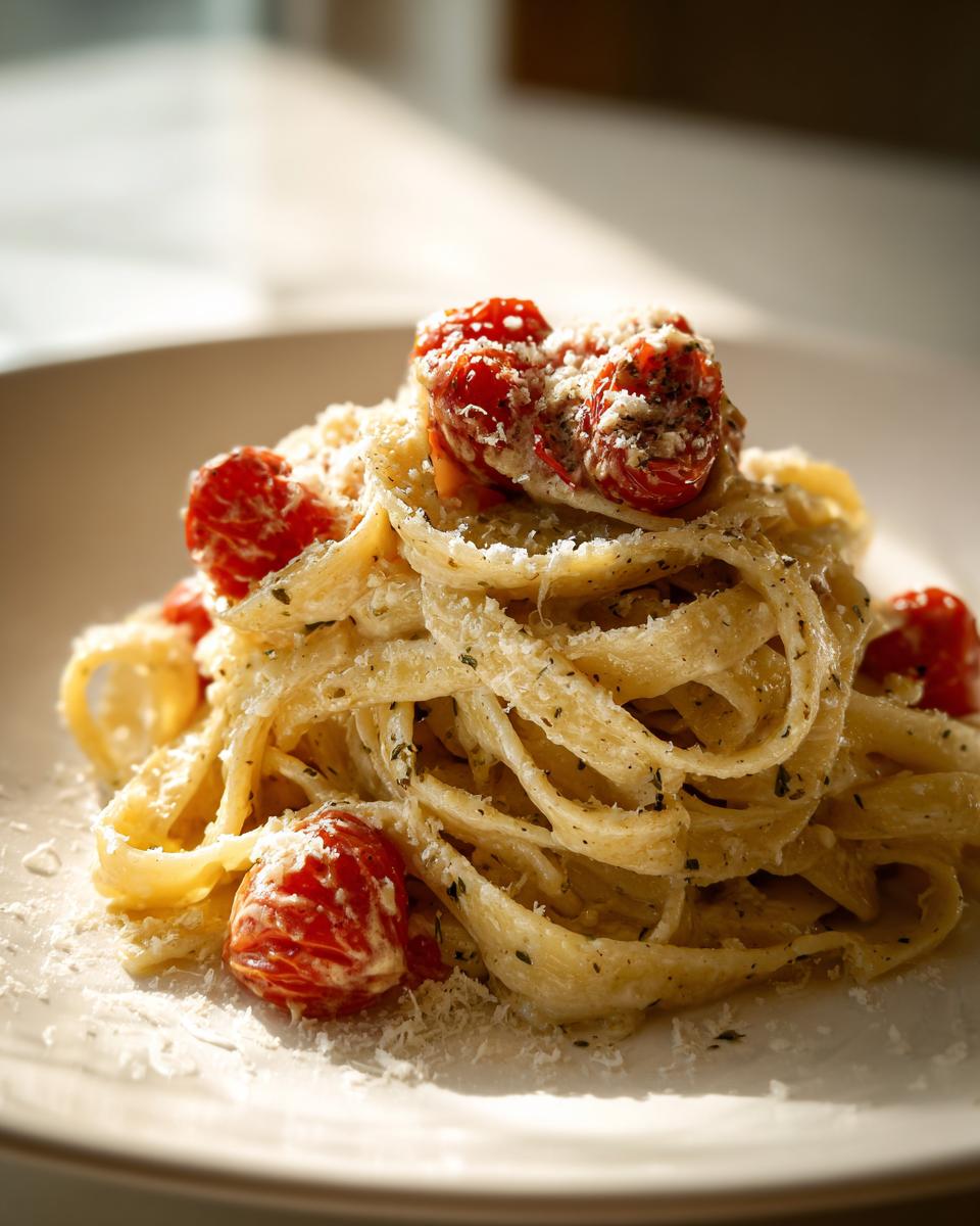 Close-up of creamy valentines pasta topped with roasted cherry tomatoes and grated cheese.