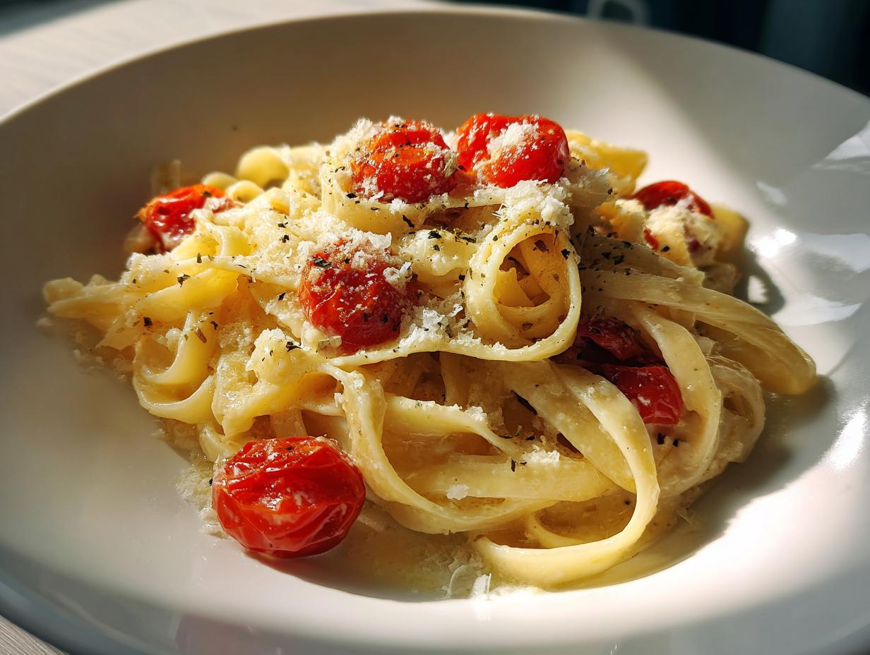 Plate of creamy valentines pasta topped with roasted cherry tomatoes and grated cheese