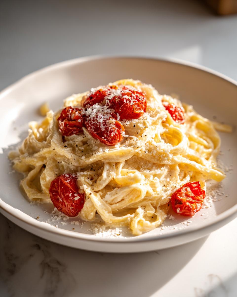 Plate of creamy valentines pasta topped with roasted cherry tomatoes and grated cheese.