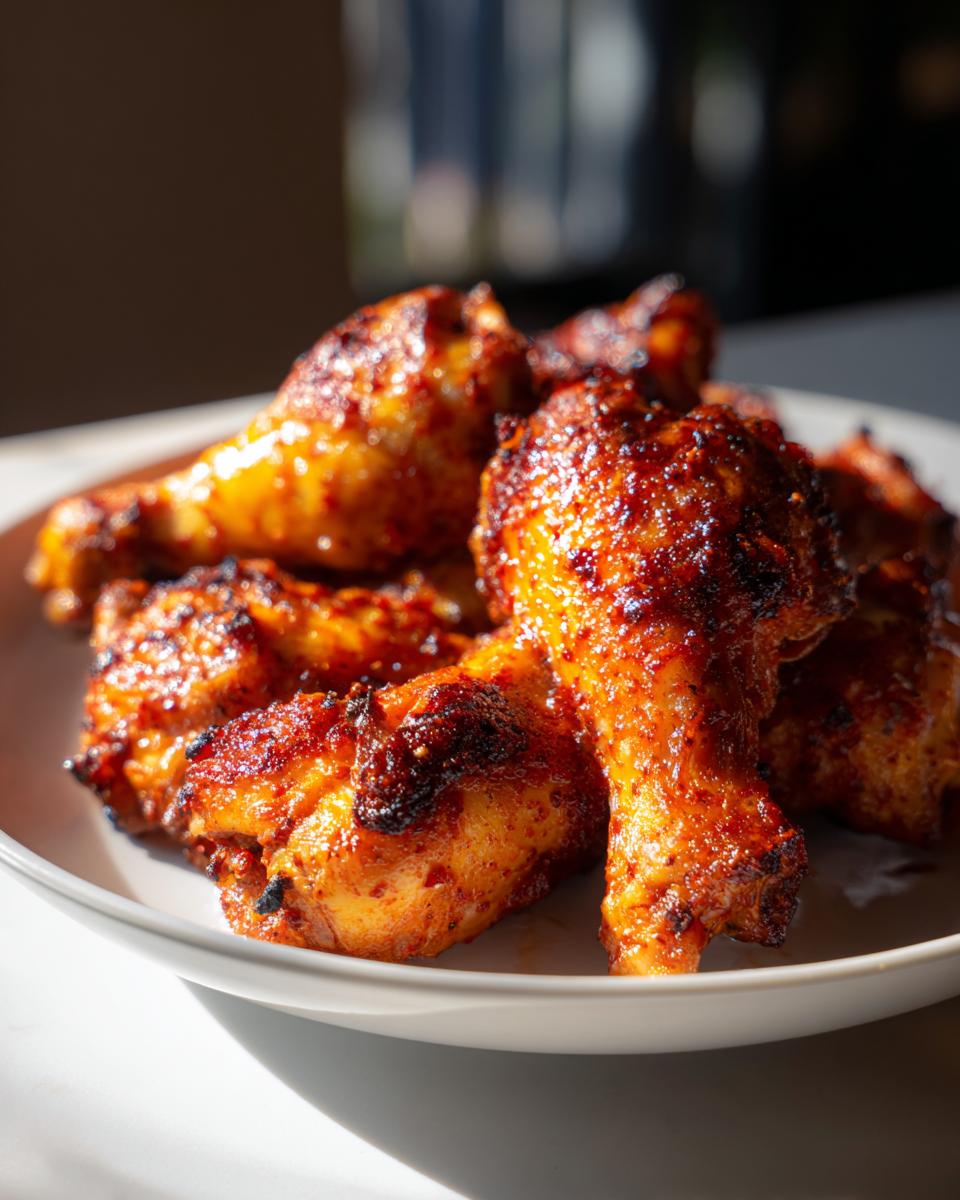 Plate of crispy, golden-brown air fryer chicken drumsticks seasoned and cooked for iftar
