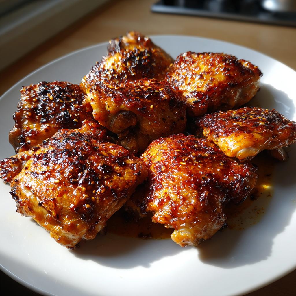 Plate of crispy, golden-brown air fryer chicken thighs seasoned and cooked for iftar