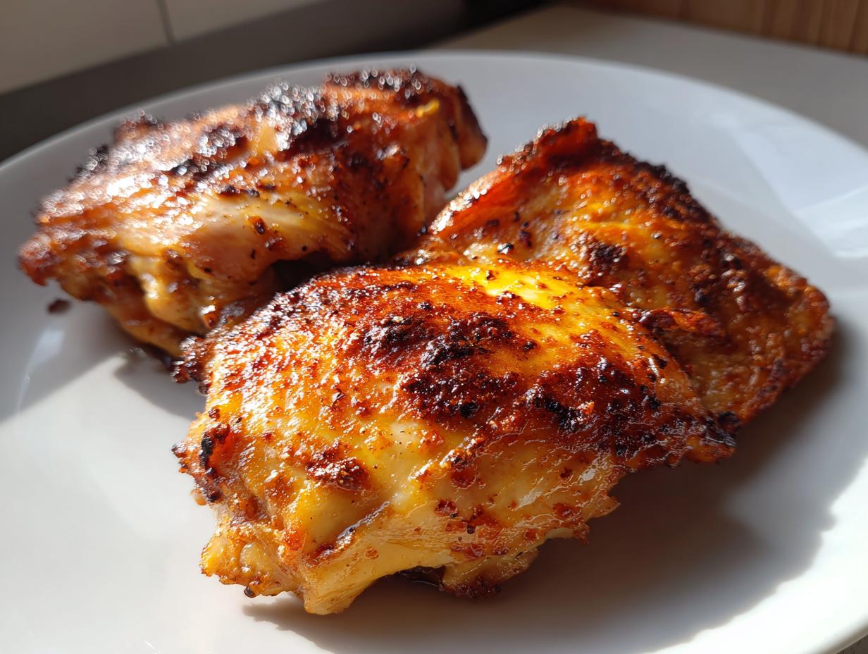 Two crispy golden-brown air fryer chicken thighs on a white plate, perfect air fryer chicken recipes for iftar