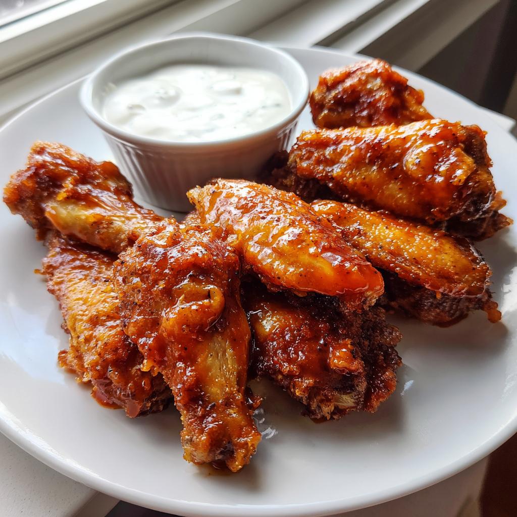 Plate of crispy buffalo chicken wings served with a side of ranch dip, perfect super bowl appetizers
