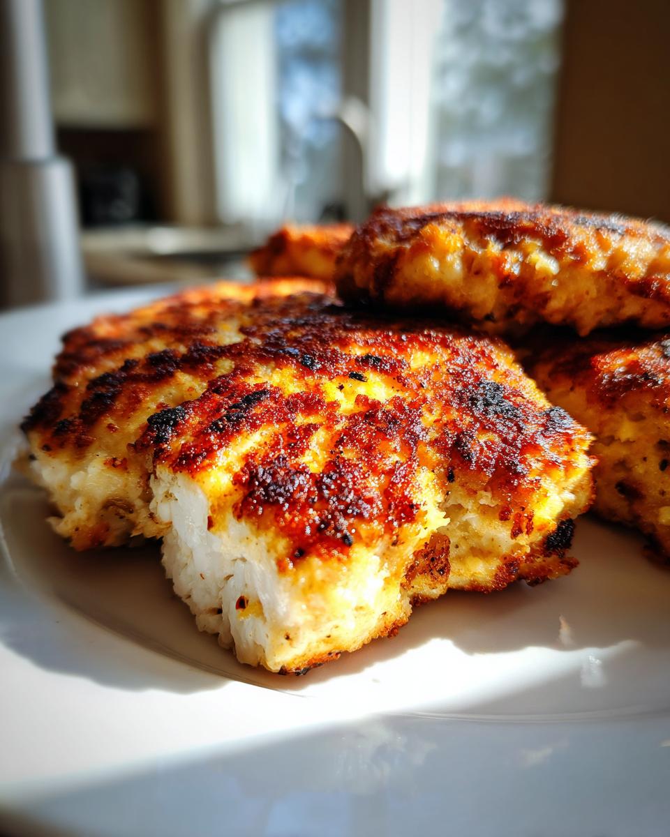 Golden brown crispy chicken patties on a white plate, showcasing texture and color.