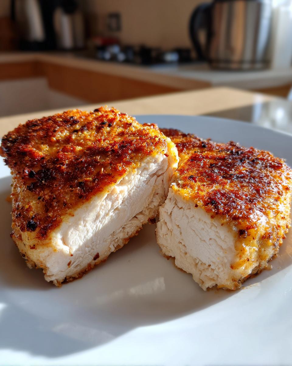 Close-up of a crispy cooked chicken breast cut in half on a white plate, showcasing juicy interior.