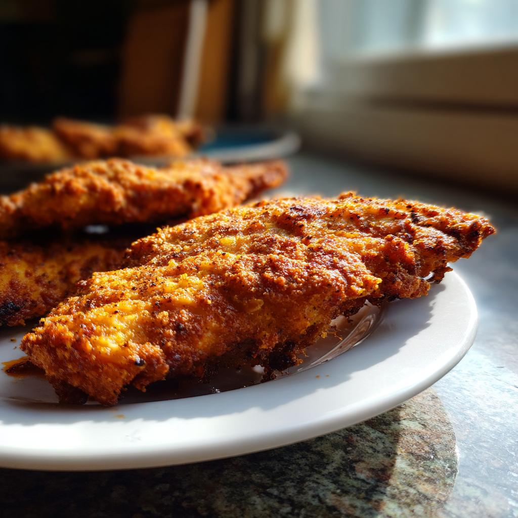 Close-up of crispy fried chicken meal prep pieces on a white plate with natural light.