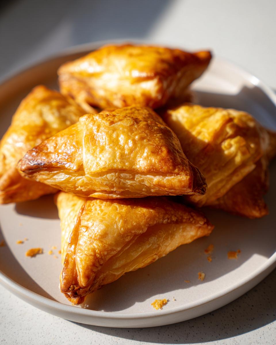 Plate of golden crispy mini samosa bites air fryer with flaky crust on a light surface.