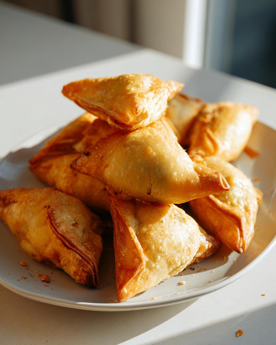Plate of golden brown mini samosa bites air fryer cooked, stacked in a pyramid shape.