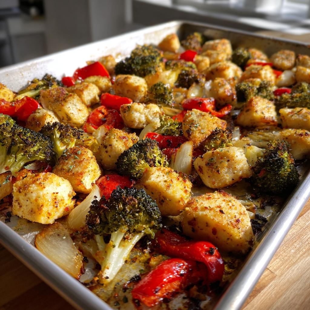 Sheet pan dinners with crispy chicken, broccoli, red bell peppers, and onions roasted to perfection.