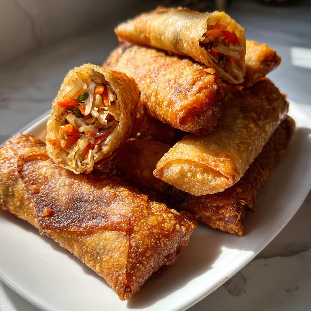 Plate of golden crispy spring rolls with one cut open showing vegetable filling, crispy spring roll iftar recipe