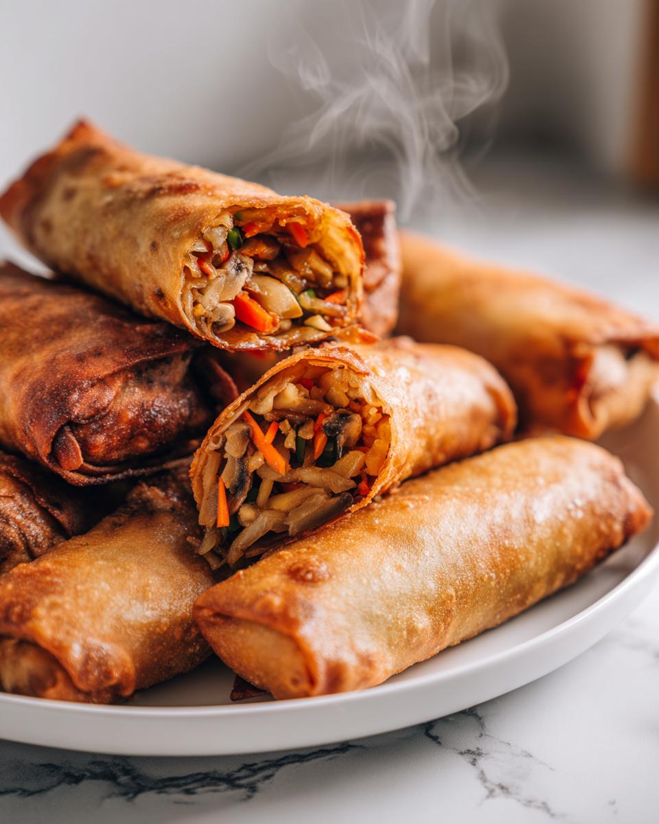 Close-up of crispy spring rolls with steaming hot vegetable filling on a white plate.