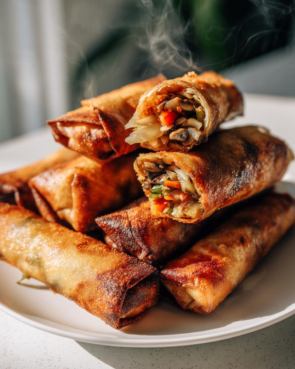 Plate of crispy spring rolls with one cut open showing vegetable filling, steam rising.