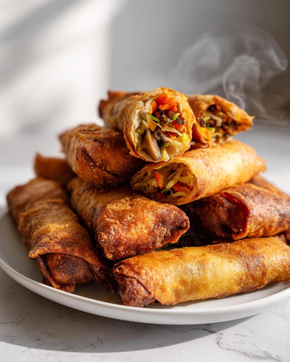 Stack of crispy spring rolls with vegetable filling and steam rising, showcasing crispy spring roll iftar recipe