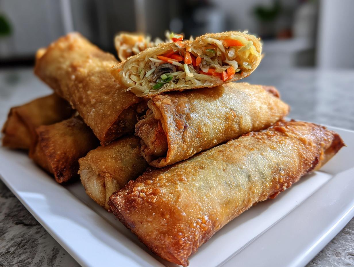 Plate of golden crispy spring rolls with one cut open showing vegetable filling, crispy spring roll iftar recipe