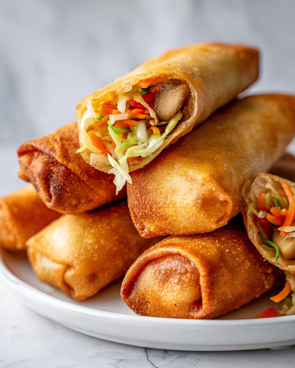 Plate of golden crispy spring rolls with one cut open showing vegetable filling