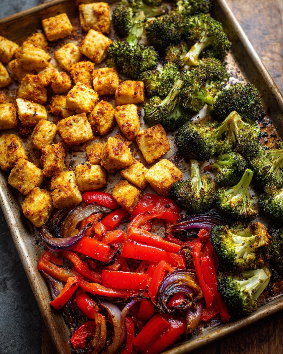 Sheet pan dinner with crispy tofu cubes, roasted broccoli, and red bell peppers with onions.