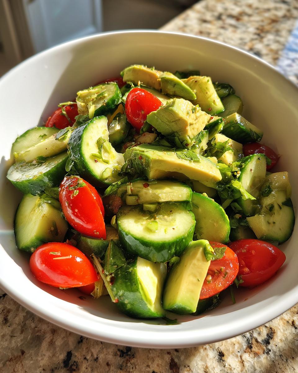 Bowl of fresh cucumber, avocado, and cherry tomato salad for easy lunch recipes