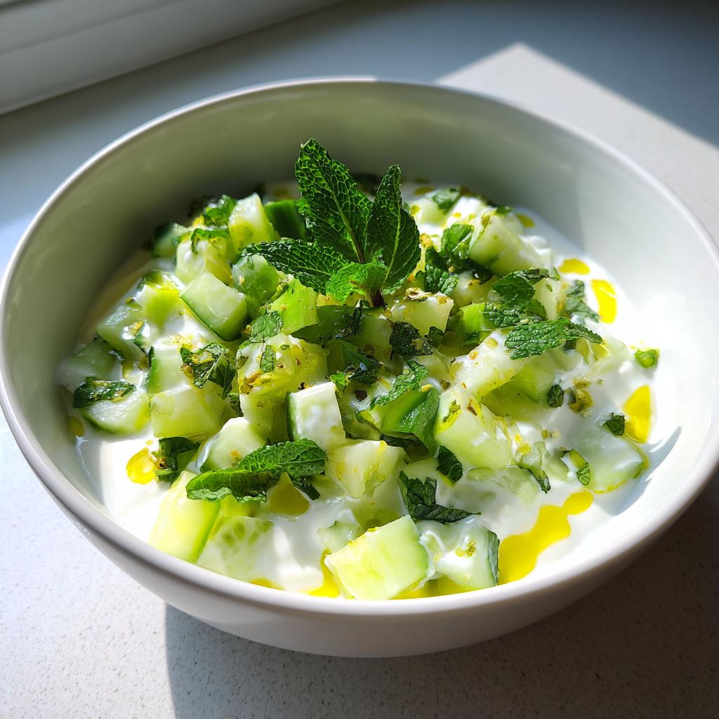 Bowl of cucumber yogurt salad for iftar garnished with fresh mint and olive oil drizzle