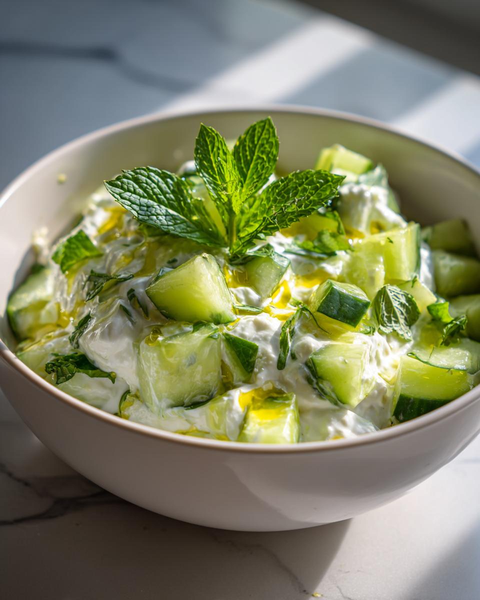 Bowl of creamy cucumber yogurt salad for iftar garnished with fresh mint leaves and olive oil.