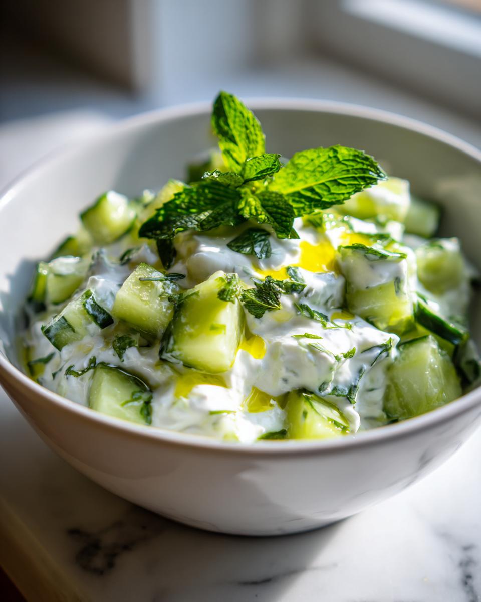 Creamy cucumber yogurt salad for iftar garnished with fresh mint leaves in a white bowl.
