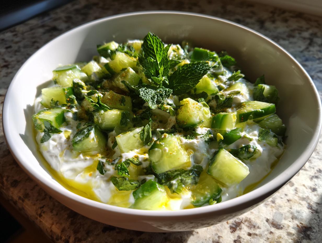 Bowl of cucumber yogurt salad for iftar garnished with fresh mint and olive oil on countertop