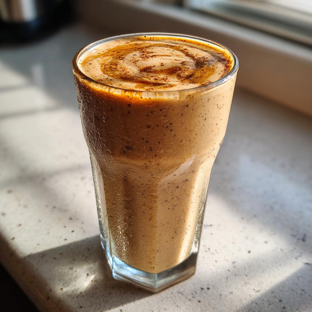 Glass filled with creamy date and banana smoothie suhoor topped with cinnamon powder.