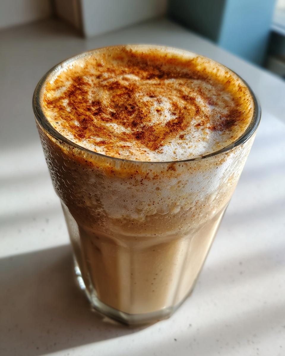 Close-up of a frothy date and banana smoothie suhoor topped with cinnamon in a glass.
