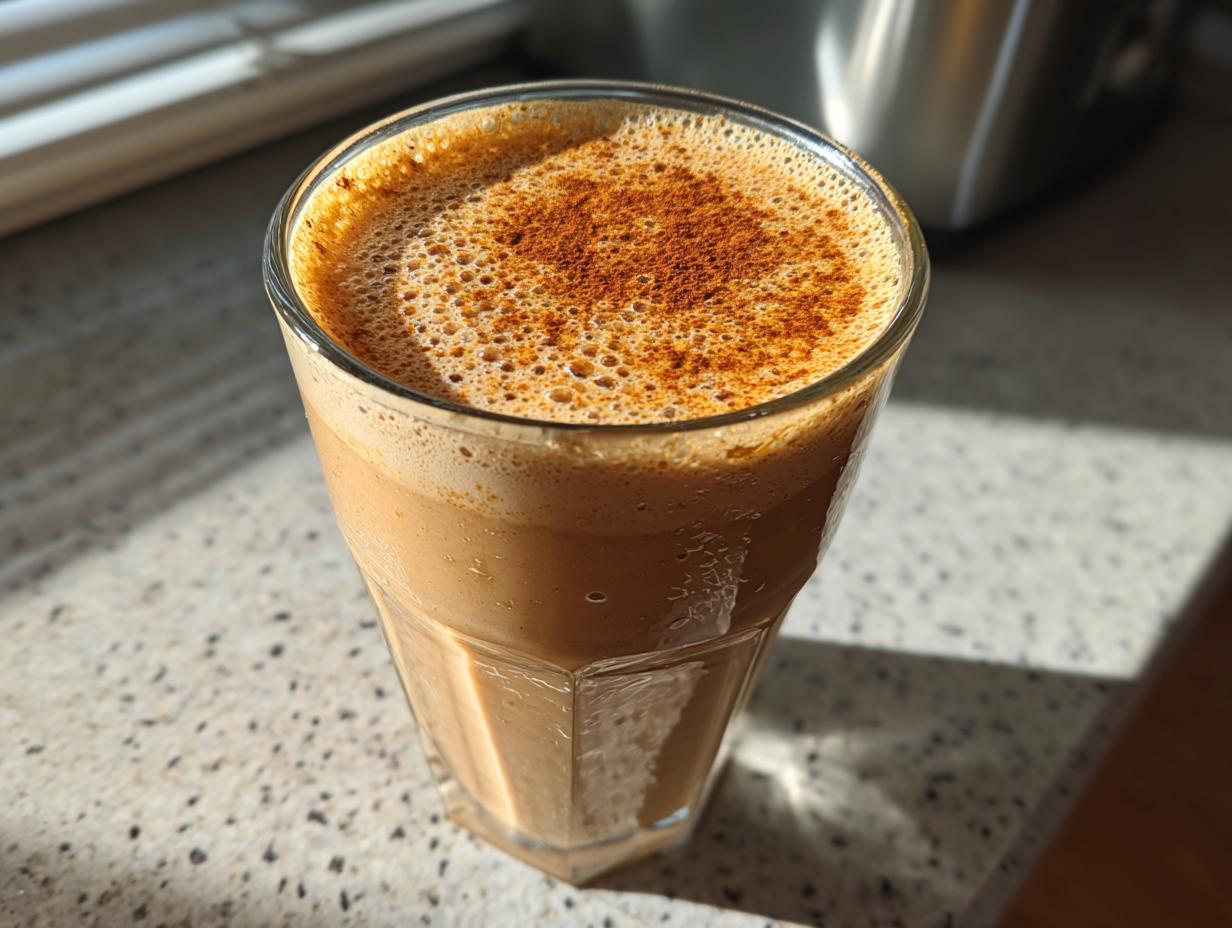 Close-up of a frothy date and banana smoothie suhoor topped with cinnamon in a clear glass.